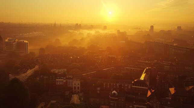 A cityscape at golden hour, the sun casting a warm glow over the buildings and streets