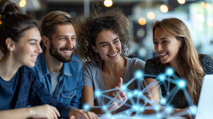 Fototapeta premium Business professionals connected globally, focusing on data analysis, customer connections, and outsourcing strategies. Emphasis on technology and teamwork