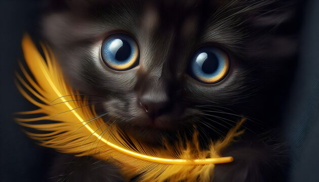 wallpaper de gatito negro con una pluma amarilla, alto contraste