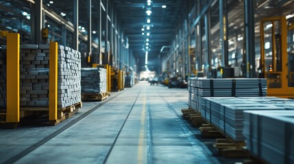 Obraz premium A spacious industrial warehouse filled with neatly stacked pallets and shelves during daytime operations