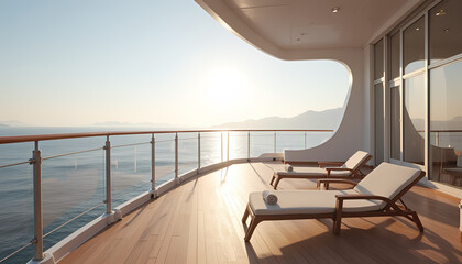 Cruise ship balcony with two empty sun loungers and soft sunlight reflecting off the water, offering an open sea view