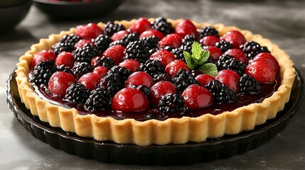 A berry tart with a crisp pastry crust, topped with an assortment of fresh berries and a glaze.