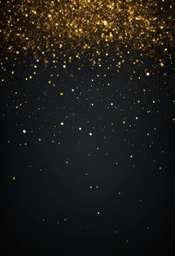 Abstract festive dark background with gold glitter and bokeh. New year, birthday, holidays celebration.