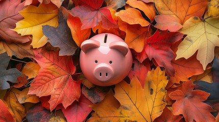 a piggy bank surrounded by colorful autumn foliage. 