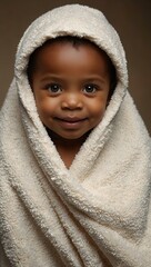 Happy portrait of a cute African American baby wrapped in a towel.