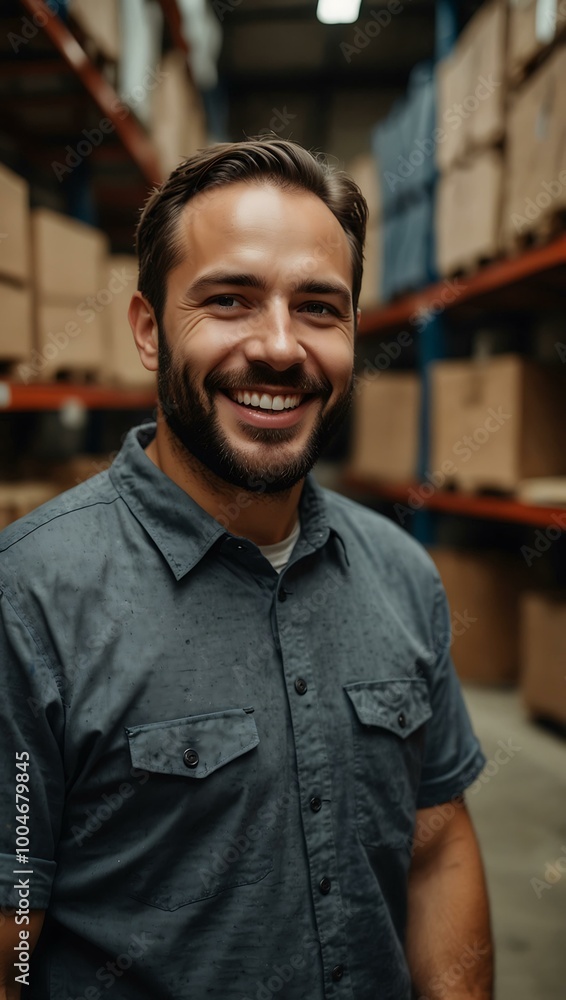 Wall mural Happy worker posing in a warehouse.