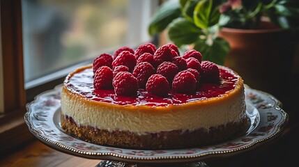 A classic cheesecake topped with a raspberry glaze and fresh raspberries, served on a decorative plate.