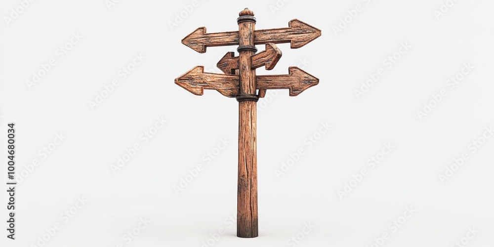 Poster an antique-style 3d wooden signpost with multiple arms, each displaying a different texture, isolate