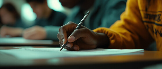 a student taking an educational admission test in a university classroom. close-up of the student's hand as they write answers on the test paper