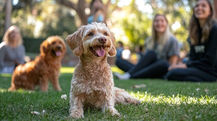 puppy socialization class featuring pets and their owners as dogs learn to interact and play with others while a professional dog trainer guides their development and behavior training