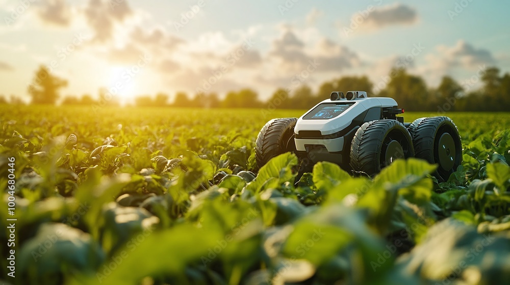 Poster agricultural innovation with an autonomous robot equipped with ai technology and sensors working in 