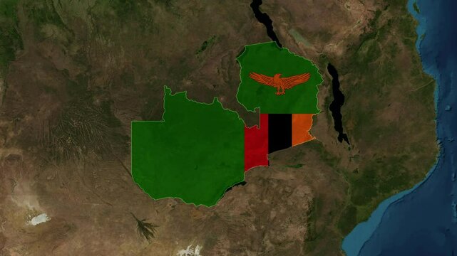 Zoom from Earth to Zambia. (Country Flag) World map animation with highlighted borders of countries. Images from NASA