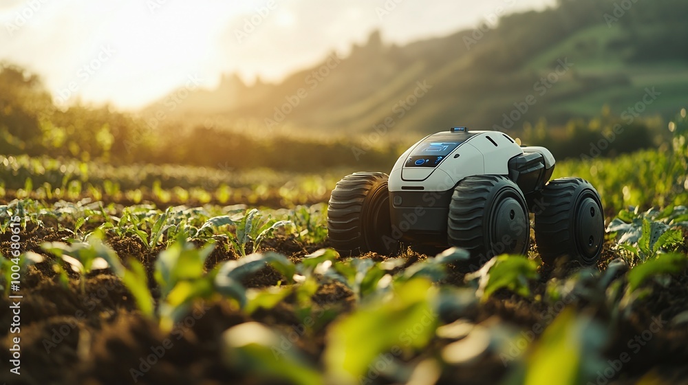 Poster agricultural innovation with an autonomous robot equipped with ai technology and sensors working in 