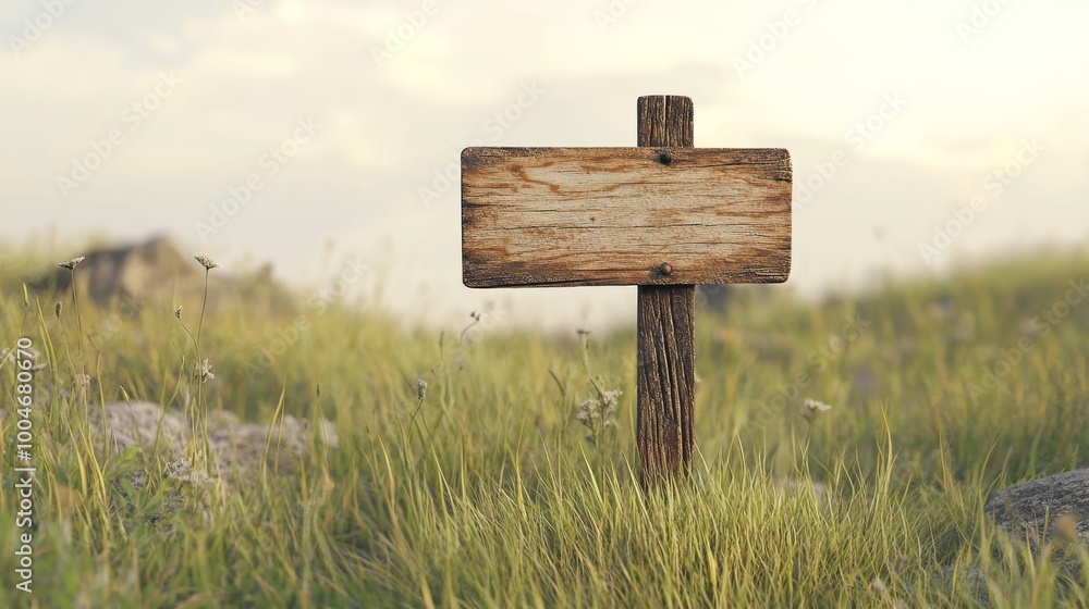Poster an isolated 3d wooden guidepost with a vintage design, featuring a single blank sign for messages, p