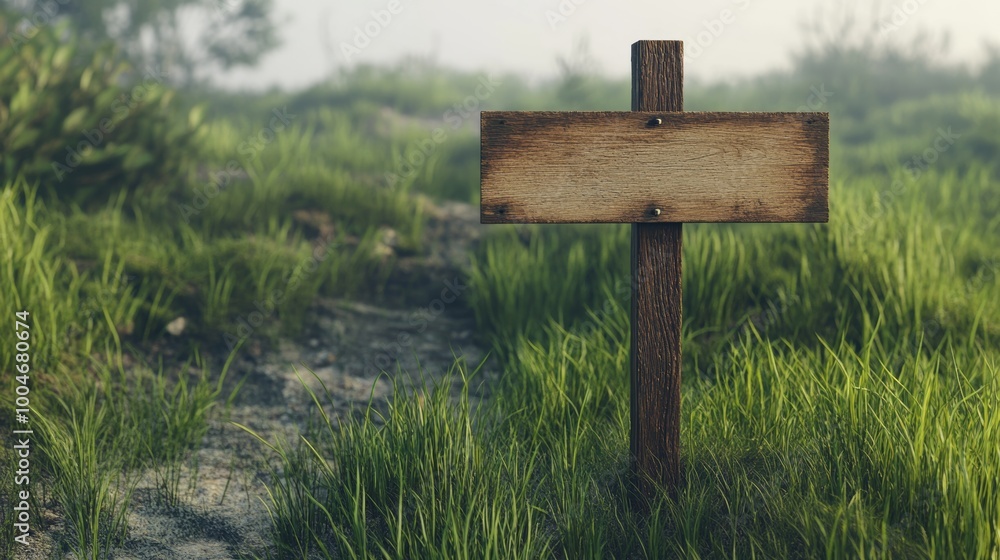 Poster an isolated 3d wooden guidepost with a vintage design, featuring a single blank sign for messages, p