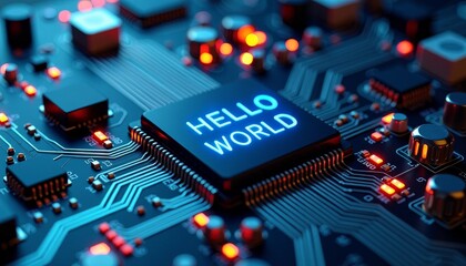 Motherboard Circuits Displaying 'HELLO WORLD', Programming and Coding Concepts