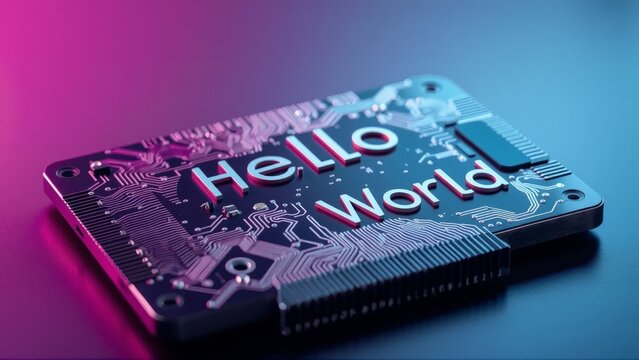 Motherboard Circuits Displaying 'HELLO WORLD', Programming and Coding Concepts