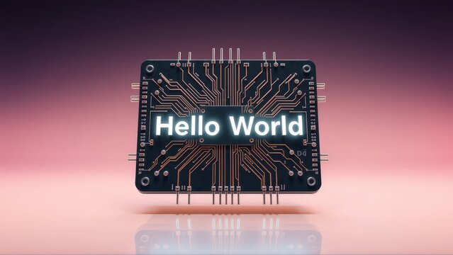 Motherboard Circuits Displaying 'HELLO WORLD', Programming and Coding Concepts