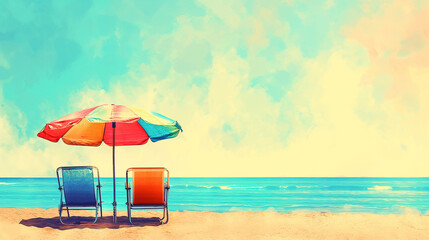 Fototapeta premium Pop art concept A colorful umbrella is shading two beach chairs on a sunny day