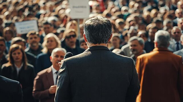 Politician in a suit is speaking into a microphone with a crowd of people behind him in slow motion