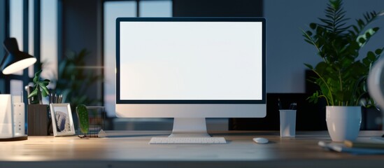 High resolution photorealistic rendering of a blank white computer screen mockup, on a desk in an office at night, with perfect lighting and shadowing in a cinematic style