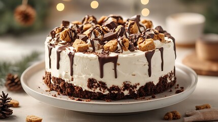 A delightful cookie dough cake topped with cookie pieces and chocolate drizzle, displayed on a casual plate.