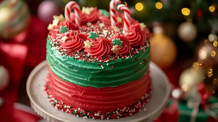 A festive holiday cake covered in bright red and green icing, decorated with festive sprinkles and candy canes.