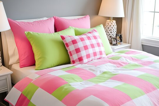 Bright plaid bedding in preppy style room