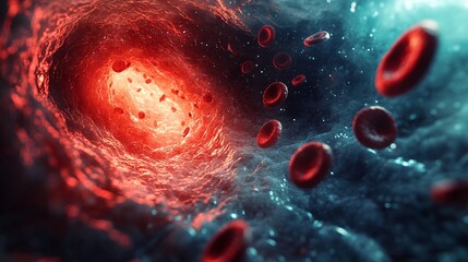 medical illustration showcasing red blood cells in an artery with visible cholesterol plaque buildup indicating atherosclerosis and potential risk for cardiovascular disease