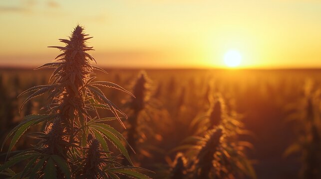 breathtaking sunset casting a golden glow over a vast field of cannabis highlighting the intricate details of marijuana plants cultivated for agricultural and gardening purposes