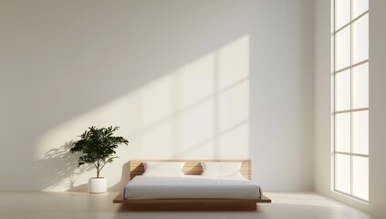 Fototapeta premium Minimalist bedroom with a wooden bed and white walls, featuring furniture