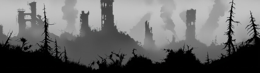 Obraz premium A haunting silhouette of a ruined forest and buildings, shrouded in fog with stark black-and-white contrasts and rough, jagged edges