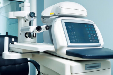 primer plano de consultorio oftalmologico con maquinas, equipamiento y dispositivos, trabajo en laboratorio 