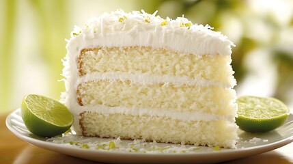 A rich coconut cake topped with coconut cream frosting and garnished with shredded coconut and lime zest.