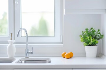Minimalist white kitchen with window, orange fruit on countertop, plant in pot near sink, soft natural light, simple and elegant style