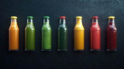 A lineup of colorful glass and plastic bottles filled with various smoothies, including mango, turmeric, and green juices, set against a dark textured background.