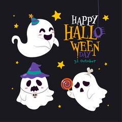 Fototapeta premium Ghost in Haunted Graveyard under Full Moon Night: A Spooky Halloween Scene with Dark Sky and Tombstones for October 31st Horror Night and Haunted Festival, Vector, Illustration