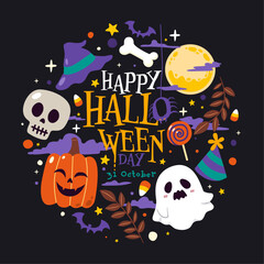 Ghost in Haunted Graveyard under Full Moon Night: A Spooky Halloween Scene with Dark Sky and  Tombstones for October 31st Horror Night and Haunted Festival, Vector, Illustration
