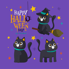 Cute black cat character enjoying Halloween night, trick or treating with candy and sweets, Happy Halloween Day, Vector, Illustration