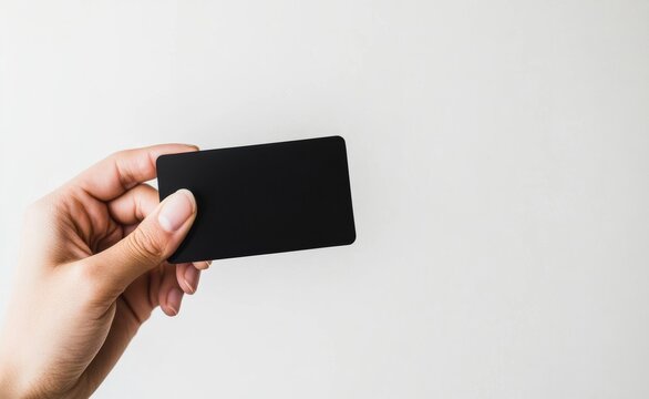 Hand holding a blank black card against a plain background