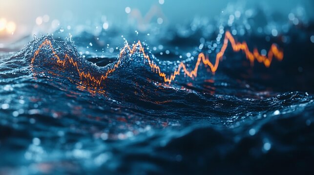 ocean water droplets with a rising stock market graph, symbolizing the growth in water-related investments and the promising financial prospects for the water sector