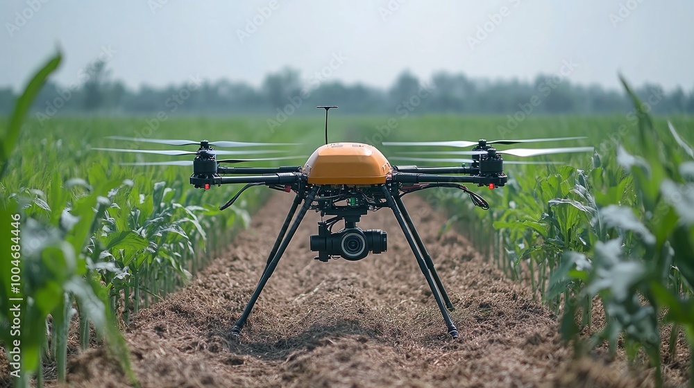 Poster an ai-equipped autonomous robot drone performing precision agriculture tasks in an agricultural fiel