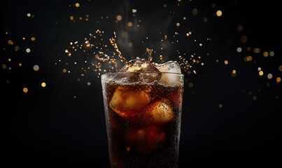 A refreshing glass of soda splashes ice against a dark backdrop