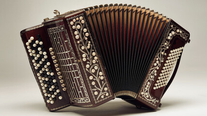 ornate vintage accordion with intricate pearl inlays isolated on pure white background