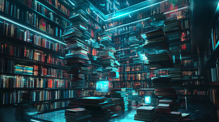  A futuristic AI-powered library with floating holographic books. 