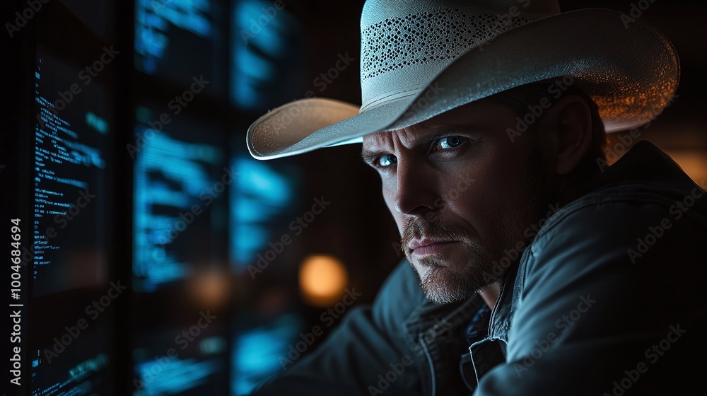 Poster a white cowboy hat-wearing ethical hacker working in a dark room, surrounded by screens showing hack