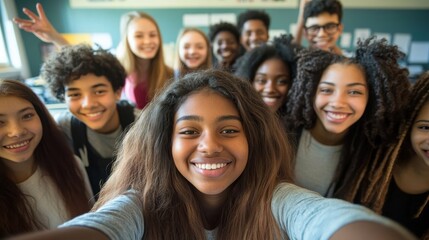 Fototapeta premium Happy young students taking a selfie portrait together in a university or school classroom. An African-American girl takes a photo with his smiling classmates. Friends at the Academy