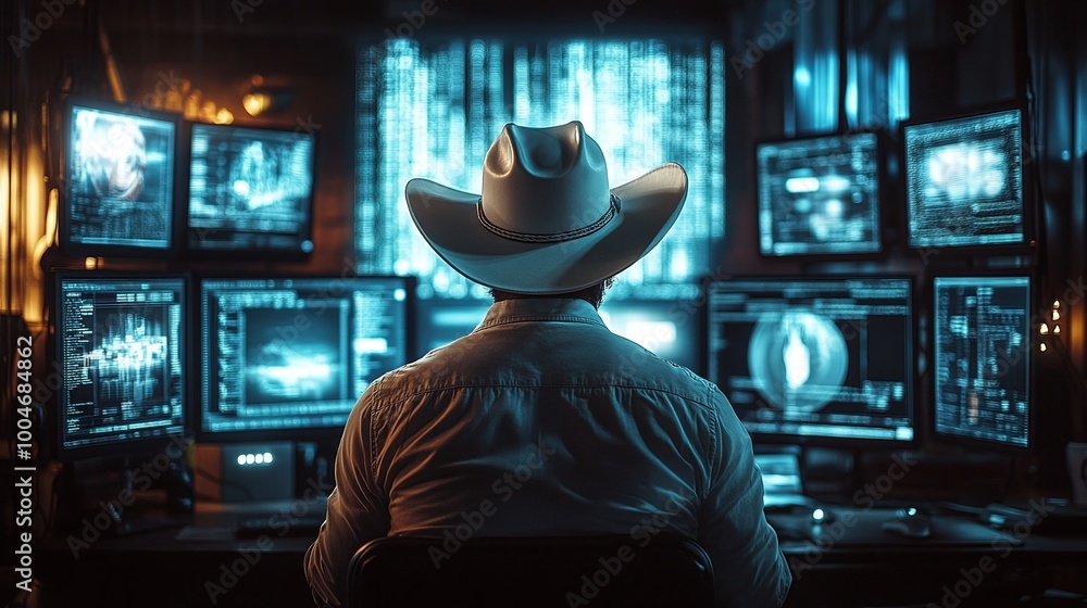 Poster a white cowboy hat-wearing ethical hacker working in a dark room, surrounded by screens showing hack