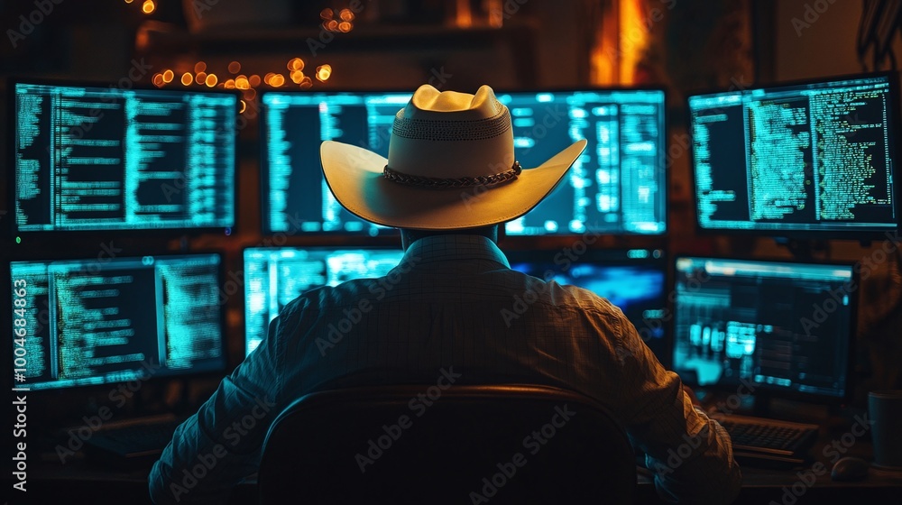 Poster a white cowboy hat-wearing ethical hacker working in a dark room, surrounded by screens showing hack