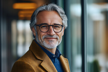Fototapeta premium Senior man with gray hair smiling with his house in the background out of focus. Concept: lifestyle 